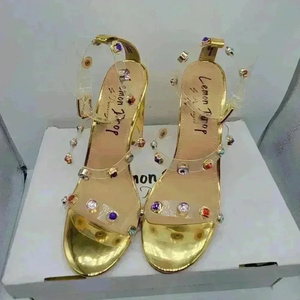 NEW IN BOX Lemon Drop by Privilege Strappy Gold Sandals 6.5 High Heel W/Stones - Picture 3 of 16